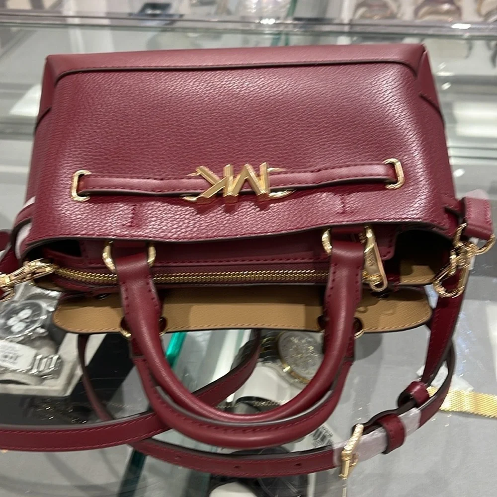 Michael Kors Reed Small Dark Cherry Leather Center Zip Belted Satchel Purse  NWT